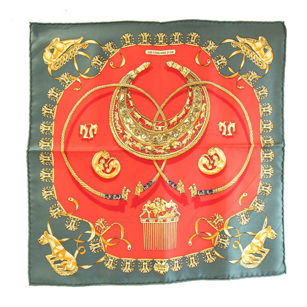 Hermes Scarf/Muffler, Carre 42, "Les Cavaliers D'Or" (Golden Knights), Red/Ol...